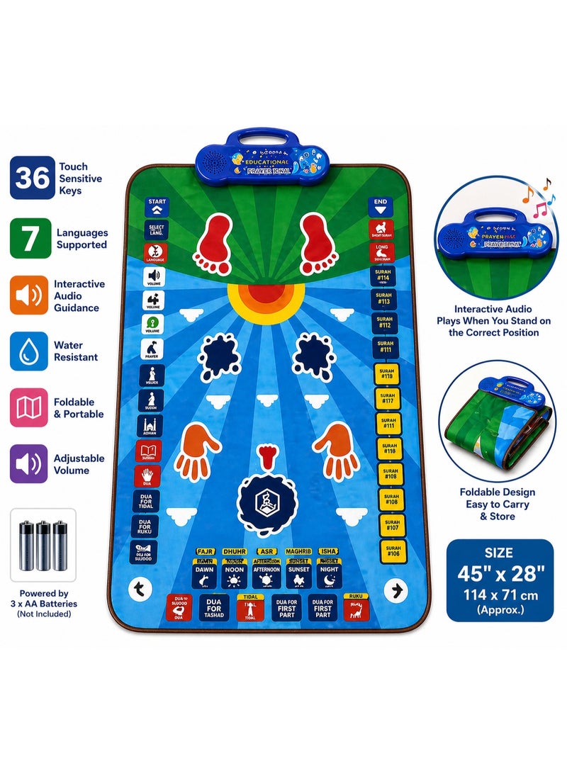 Interactive Educational Prayer Mat For Kids With 36 Touch Sensitive Keys – 7 Languages Learning Salah Wudu Adhan Surahs & Duas – Foldable Waterproof Kids Prayer Mat 45×28 Inch - Image 2