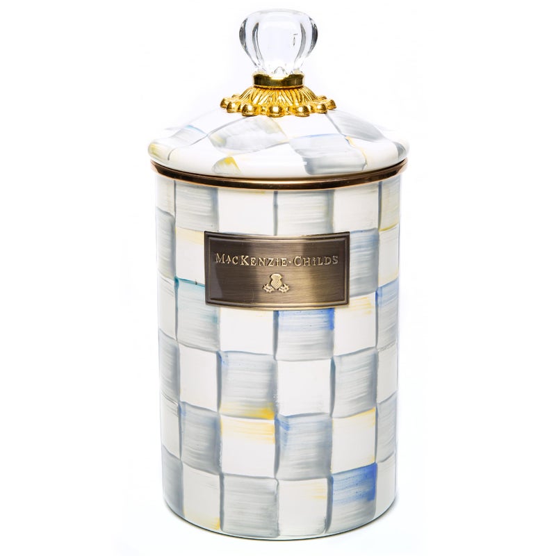 mackenzie childs MACKENZIE-CHILDS Large Enamel Canister, Kitchen Storage Container for Flour and Sugar, 1.89 Liters, Grey-and-White Sterling Check - Image 1