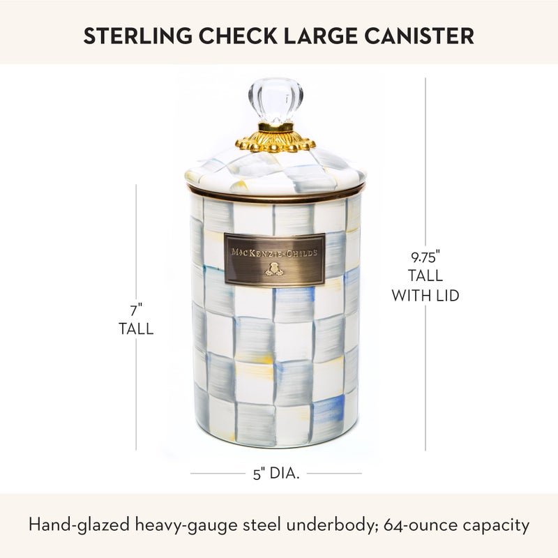 mackenzie childs MACKENZIE-CHILDS Large Enamel Canister, Kitchen Storage Container for Flour and Sugar, 1.89 Liters, Grey-and-White Sterling Check - Image 4