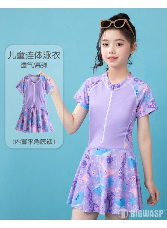 Bumblebee girls' One-piece Swimsuit Parent-child Matching Hot Spring Square-cut Swimsuit Dress With Short Sleeves And Skirt - Image 1
