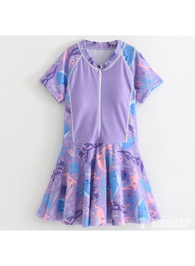 Bumblebee girls' One-piece Swimsuit Parent-child Matching Hot Spring Square-cut Swimsuit Dress With Short Sleeves And Skirt - Image 2