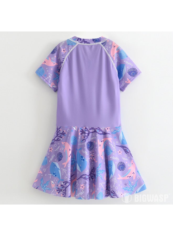 Bumblebee girls' One-piece Swimsuit Parent-child Matching Hot Spring Square-cut Swimsuit Dress With Short Sleeves And Skirt - Image 3