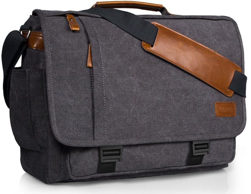 ESTARER Computer Messenger Bag 15-15.6 inch, Water-resistant Canvas Work Bag Briefcase, Laptop ShoulderSatchel with Buckles, Grey - Image 1