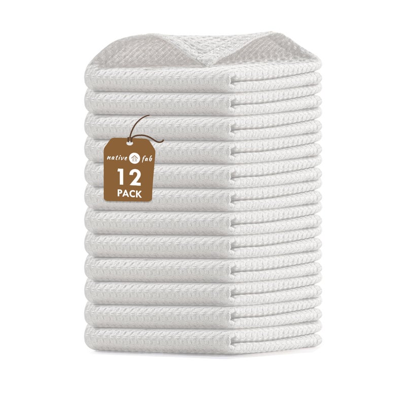 Native Fab Waffle 12 Pack Dish Cloths 100 Cotton Soft Absorbent Quick Drying Washable Towels for All Cleaning Cooking Baking Ideal for Home BBQ Hotels Bars 12x12 Inches White