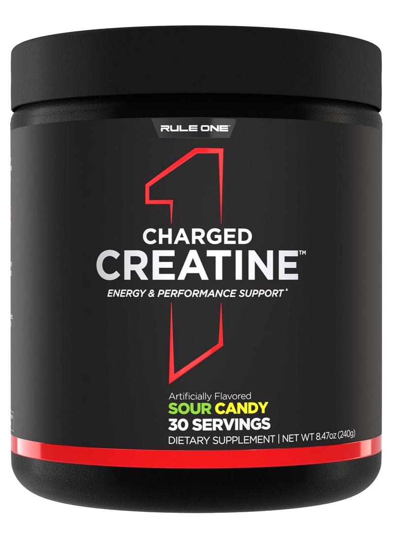 Rule1 Charged Creatine, Sour Candy Flavor, 30 Servings – 5g Multi-Creatine Blend with Natural Caffeine & Electrolytes for Energy, Strength & Hydration - Image 1