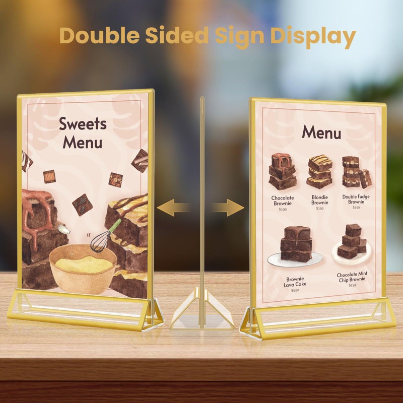 XINANDE 5x7 Gold Acrylic Sign Holder, 12 Pack Wedding Table Number Stands With Vertical Gold Borders, Double Sided Picture Frame Paper Stand, Clear Photo Display Menu for Party, Home, Restaurant - Image 2