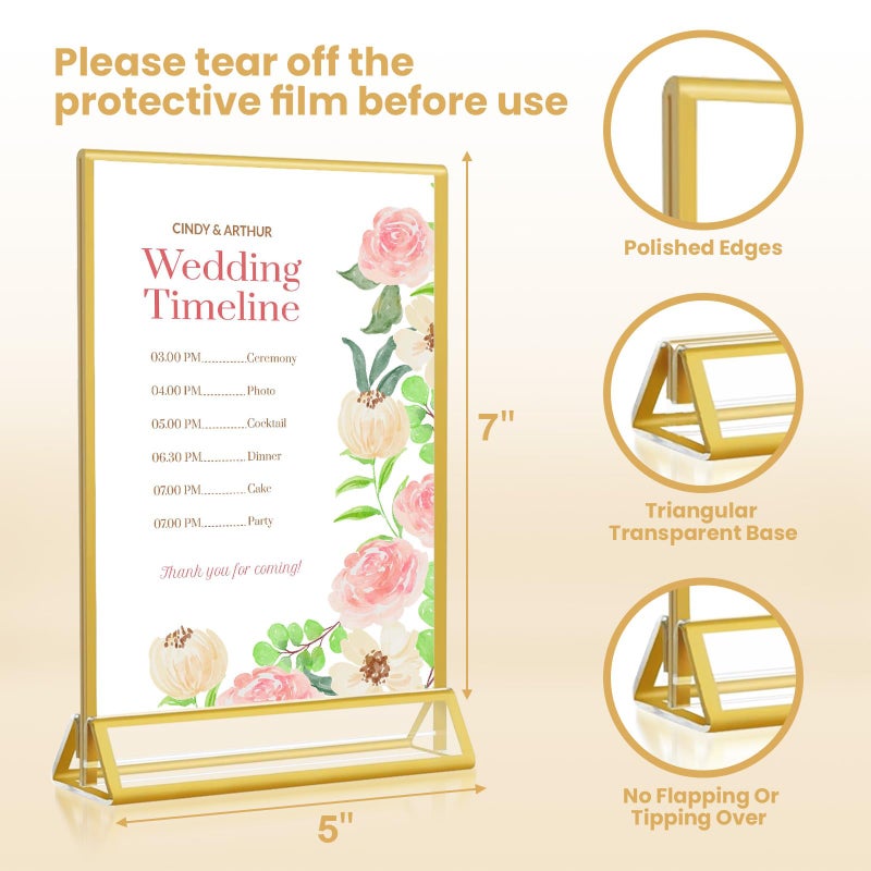 XINANDE 5x7 Gold Acrylic Sign Holder, 12 Pack Wedding Table Number Stands With Vertical Gold Borders, Double Sided Picture Frame Paper Stand, Clear Photo Display Menu for Party, Home, Restaurant - Image 3