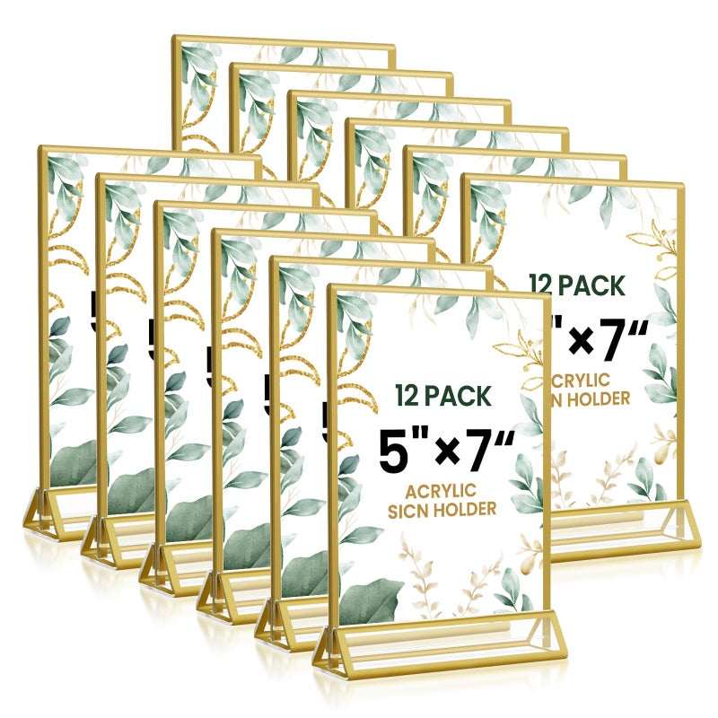 XINANDE 5x7 Gold Acrylic Sign Holder, 12 Pack Wedding Table Number Stands With Vertical Gold Borders, Double Sided Picture Frame Paper Stand, Clear Photo Display Menu for Party, Home, Restaurant - Image 1