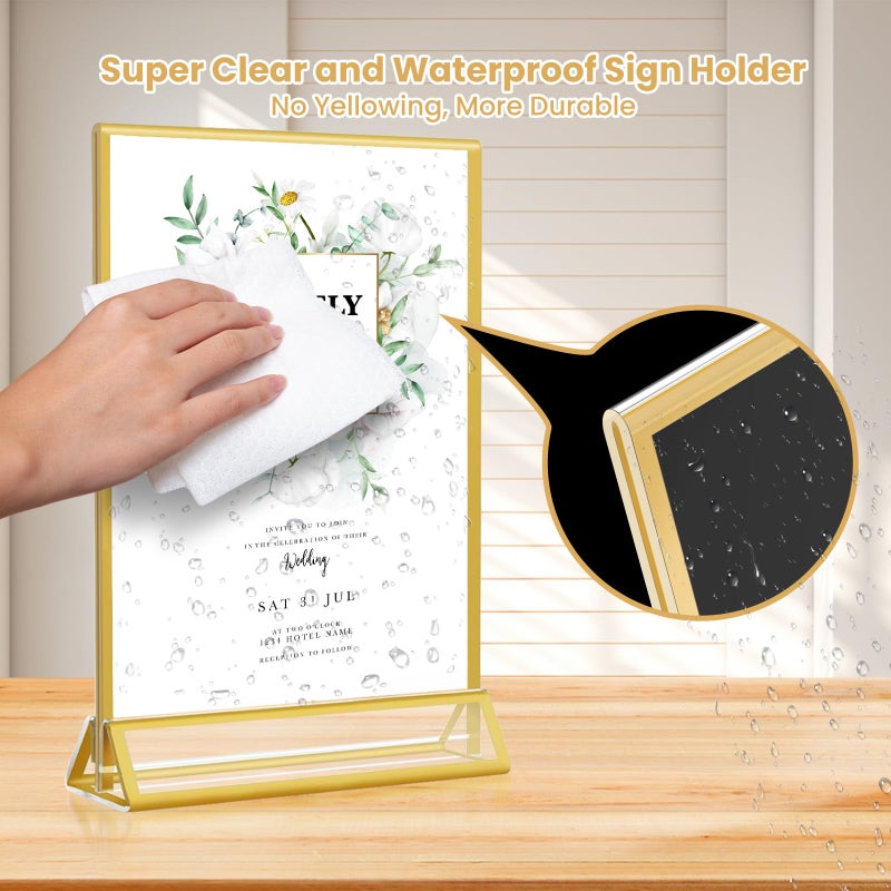 XINANDE 5x7 Gold Acrylic Sign Holder, 12 Pack Wedding Table Number Stands With Vertical Gold Borders, Double Sided Picture Frame Paper Stand, Clear Photo Display Menu for Party, Home, Restaurant - Image 5