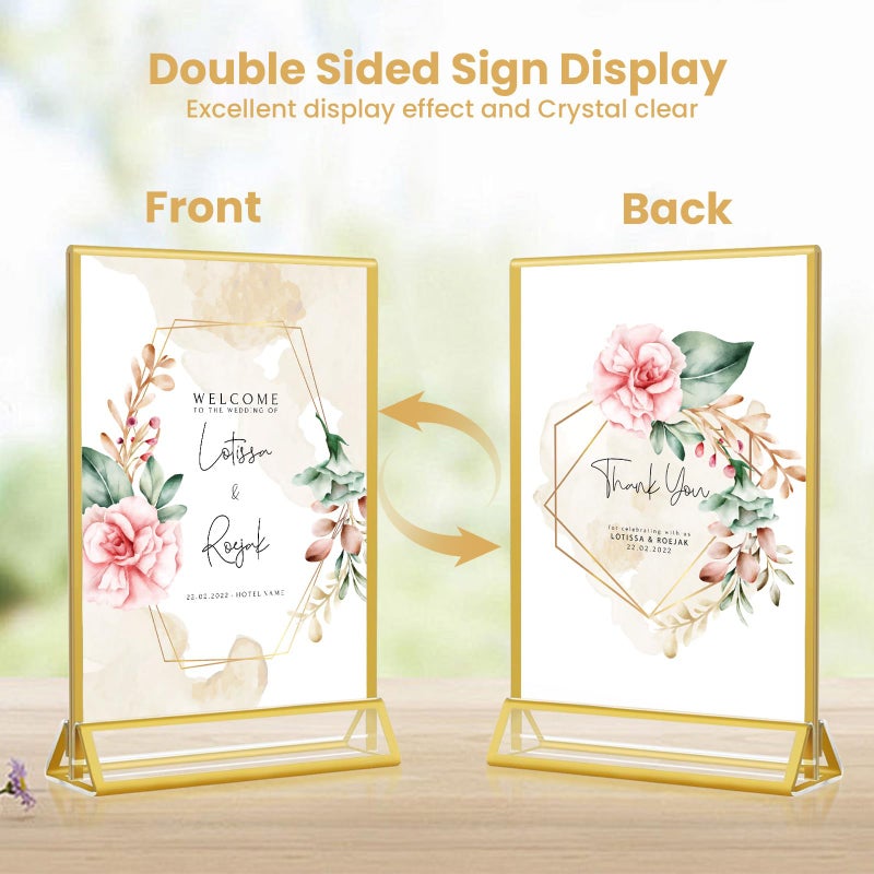 XINANDE 5x7 Gold Acrylic Sign Holder, 12 Pack Wedding Table Number Stands With Vertical Gold Borders, Double Sided Picture Frame Paper Stand, Clear Photo Display Menu for Party, Home, Restaurant - Image 4