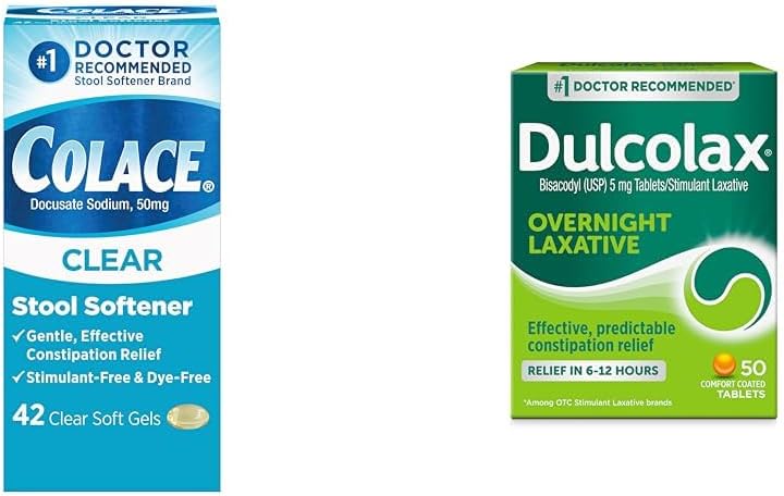 Colace Clear Stool Softener Soft Gel Capsules Constipation Relief 50mg 42ct  Dulcolax Overnight Relief Laxative Tablets Constipation Relief 5mg 50ct - Image 1