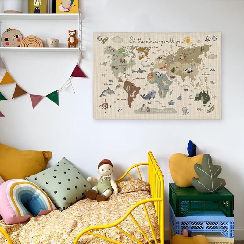 Wheatwin Playroom Decor, World Map Banner for Kids, World Maps for Wall, World Map Cute Animal Tapestry Wall Hanging Banner Flag Decor for Kids Room Classroom Nursery Homeschool 20x30 (Updated) - Image 5
