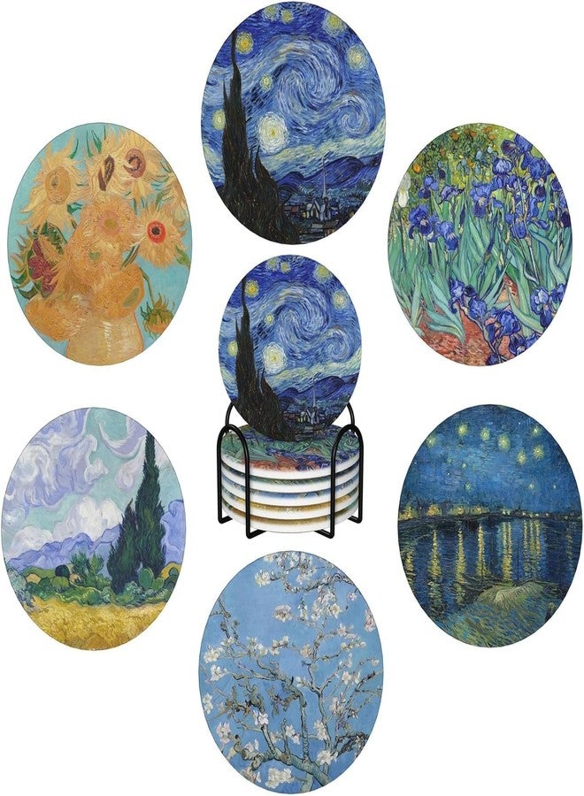 GERLNF Absorbent Ceramic Coasters for Drinks with Cork Base Art Coasters Set of 6 - Use 6 Famous Paintings, Unique Housewarming Gifts for Home Decorative (Round - Van Gogh - 1) - Image 1