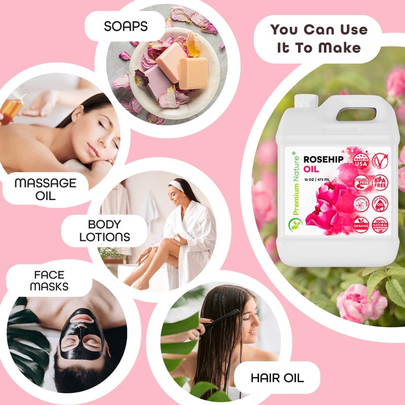 Premium Nature Rosehip Oil for Skin Face Body Hair Nails 16oz Cold Pressed Unrefined Rose Hip Seed Oils Moisturizing Facial Oils Bulk Aceite Rosa Mosqueta Puro 100 Organico Rose Oil For Face Oil For Dry Skin - Image 5