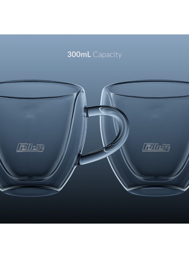 Feller Germany TG300 Double-Wall Glass Mugs Set of 2, 300ml Insulated Borosilicate Coffee Mugs with Handle for Latte & Cappuccino, Keeps Drinks Hot & Cold, Thermal Shock Resistant, BPA-Free - Image 4