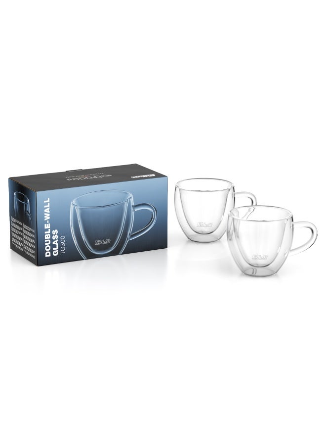 Feller Germany TG300 Double-Wall Glass Mugs Set of 2, 300ml Insulated Borosilicate Coffee Mugs with Handle for Latte & Cappuccino, Keeps Drinks Hot & Cold, Thermal Shock Resistant, BPA-Free - Image 1