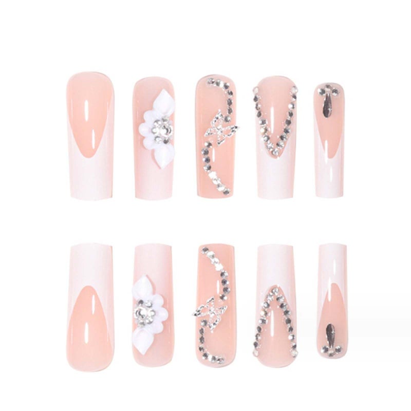YoYoee Luxury French Press on Nails Daisy Gradient Nails Tips Long Square False Nails Bling Acrylic Crystal Gem Design Fake Nails for Women and Girls 24PCS - Image 3