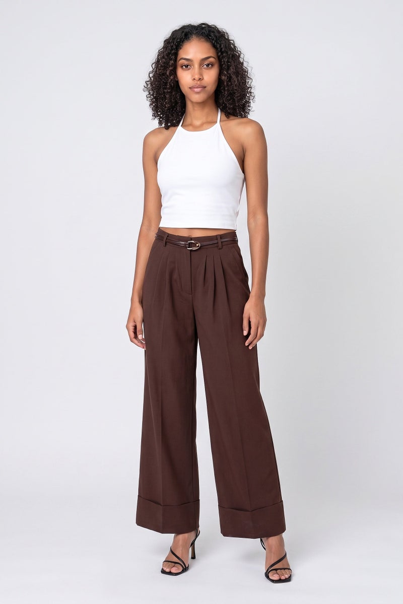 Threadbare Women Regular Fit Solid Wide Leg Pants, Dark Brown - Image 2