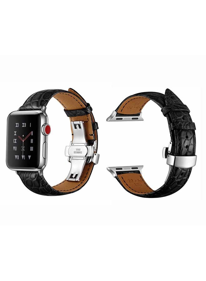 Perfii Genuine Alligator Leather Replacement Band For Apple Watch Series 6/SE/5/4/3/2/1 Black Silver - Image 2