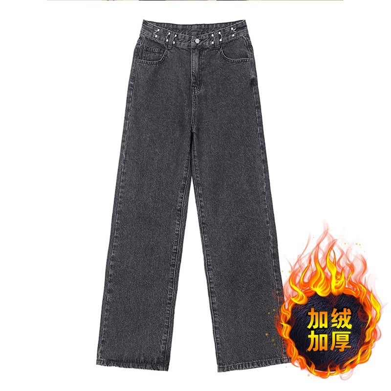 Fleece-Lined Loose Wide-Leg Jeans For Women Plus Size Chubby Girl Pear-Shaped High Waist Straight Slimming Trousers - Image 1
