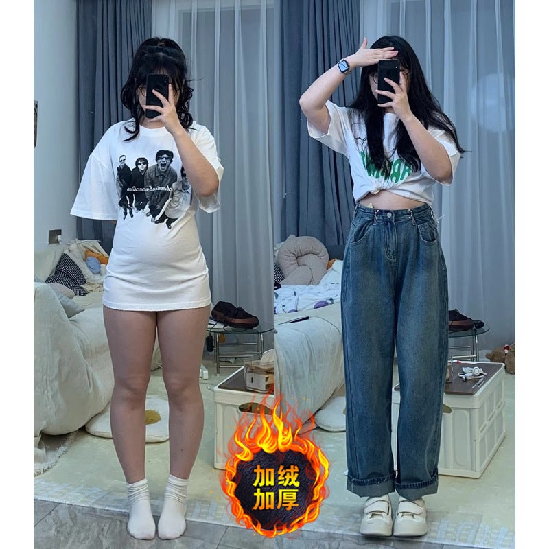 Fleece-Lined Loose Wide-Leg Jeans For Women Plus Size Chubby Girl Pear-Shaped High Waist Straight Slimming Trousers - Image 2