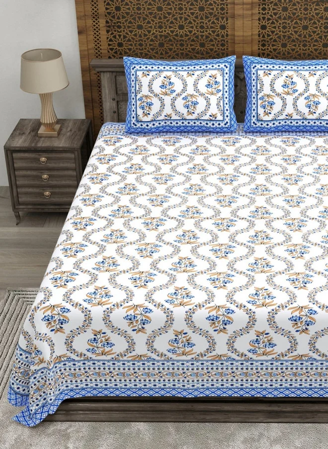 CLOTHOLOGY CLOTHOLOGY White Floral Printed Pure Cotton 180 TC King Bedsheet Set