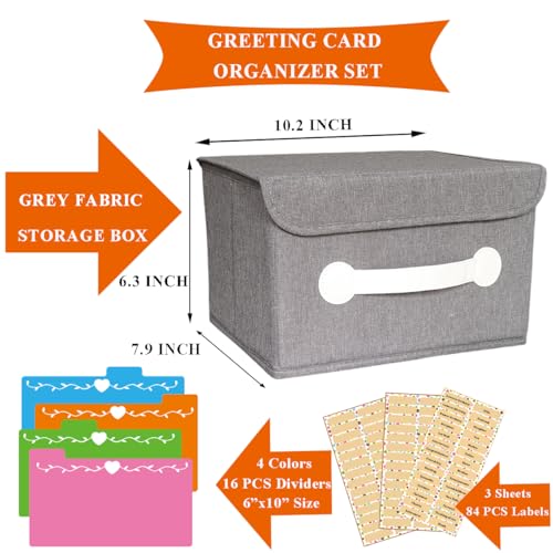 DOFFICE Greeting Card Organizer Storage Box with 16 Pcs Adjustable Dividers Storing 120 Cards with 84 Pcs Labels Grey 1 Pack - Image 3