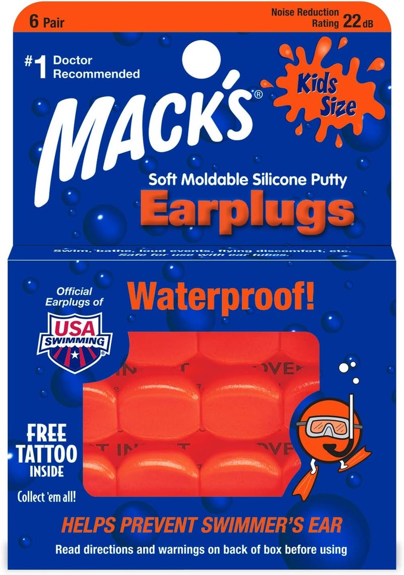 Mack's سدادات أذن سيليكون قابلة للتشكيل - حجم الأطفال، 6 أزواج - سدادات أذن صغيرة مريحة للسباحة، الاستحمام، السفر، الأحداث الصاخبة والطيران | مصنوعة في الولايات المتحدة الأمريكية - Image 1