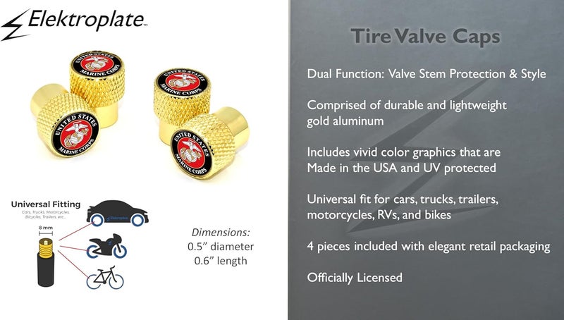 Elektroplate Officially Licensed United States Marine Corps Insignia Gold Aluminum Knurling Tire Valve Stem Caps | Universal Fit for Cars, Bikes, Trucks, RVs, Motorcycles, Trailers (Pack of 4) - Image 3