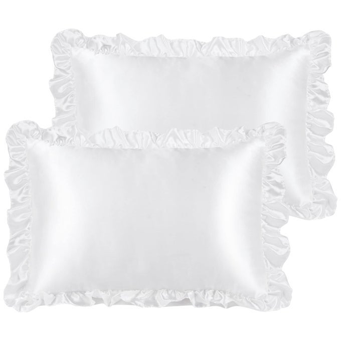 LUXURY RUFFLED PILLOW SHAMS SET OF 2 RETRO SILKY PILLOW COVER WITH RUFFLE 85 GSM SATIN PILLOWCASES WITH ENVELOPE CLOSURE QUEEN WHITE