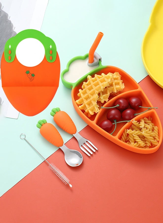 6pcs/Set Silicone Suction Cup Divided Dinner Plate Set With Fork Spoon Bibs For Babies Premium Non BPA Baby Weaning Set Baby Feeding Tool - Image 1