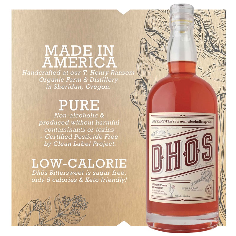 Dhos Bittersweet - Handcrafted Non-Alcoholic Aperitif With Flavors Of Rhubarb, Fruit & Bitter Herbs - Non-Alcoholic Spirit To Mix Delicious Mocktails - Keto-Friendly, Zero Sugar, Zero Proof - 750 ML - Image 1