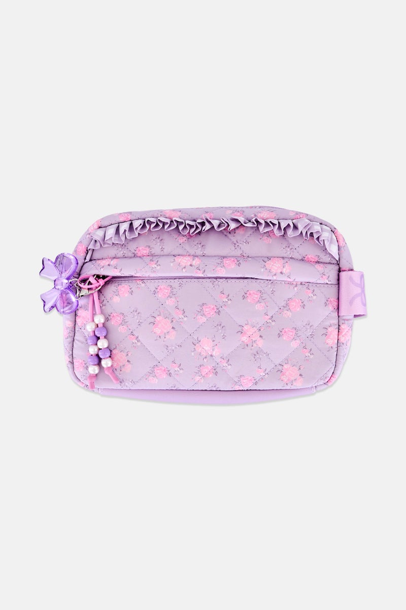 Miss Gwen's OMG Kids Girl Floral Quilted Makeup Pouch With Charm, Lavender - Image 1