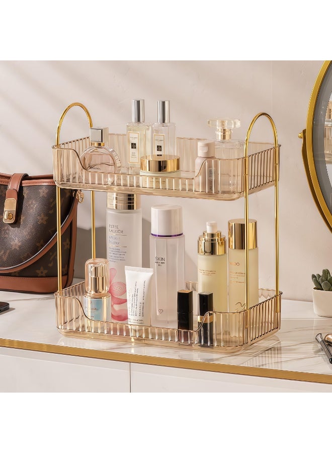 Bathroom Organizer Countertop, Makeup Storage, Skincare Cosmetic Tray Shelf, Perfume Holder Rack for Vanity Counter, Large Capacity, Easy to Install, Clean, 2 Tiers, brown - Image 2