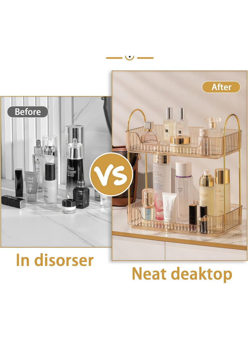 Bathroom Organizer Countertop, Makeup Storage, Skincare Cosmetic Tray Shelf, Perfume Holder Rack for Vanity Counter, Large Capacity, Easy to Install, Clean, 2 Tiers, brown - Image 5