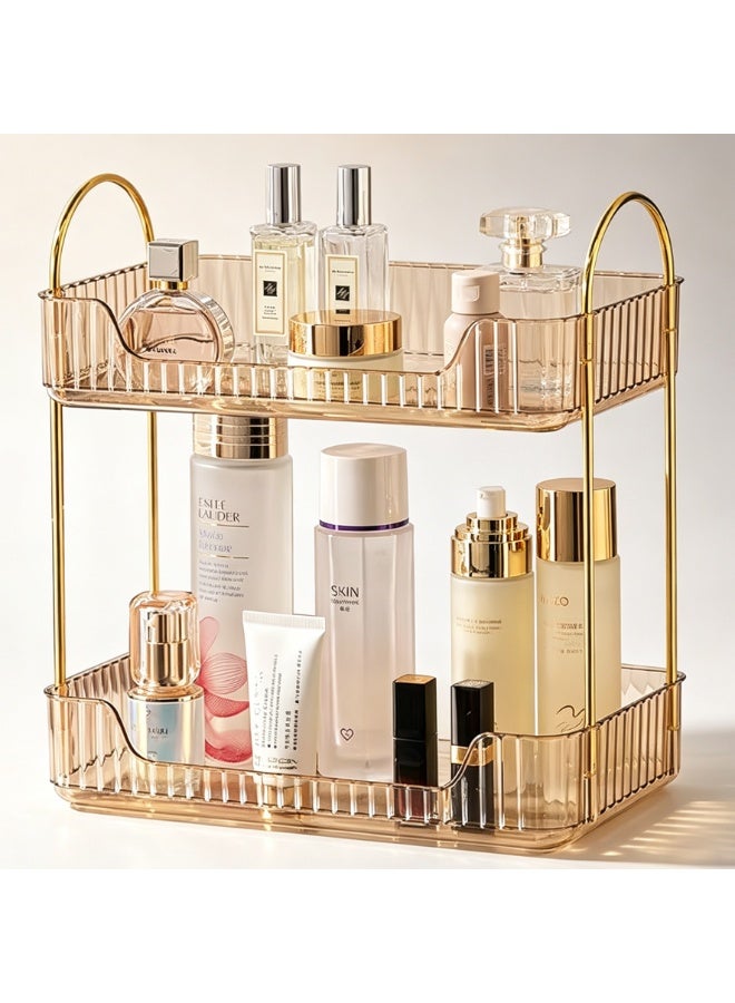 Bathroom Organizer Countertop, Makeup Storage, Skincare Cosmetic Tray Shelf, Perfume Holder Rack for Vanity Counter, Large Capacity, Easy to Install, Clean, 2 Tiers, brown - Image 1