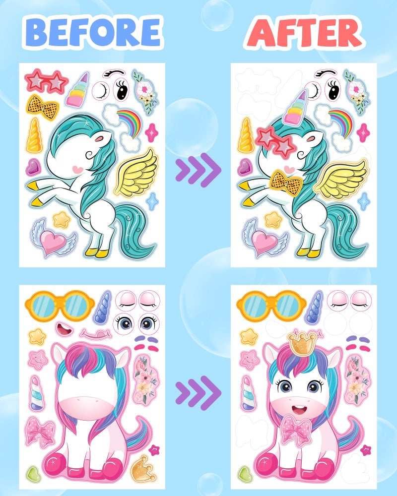 Greingways 24 Pcs Make Your Own Unicorn Sticker Sheet, Unicorn Party Favors Face Stickers for Kids Girls Toddlers Crafts Activities Bags Birthday Party Favors Valentines Day Gifts for Kids Classroom - Image 4