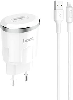 Hoco C37A - Thunder Power Single Port Charger, Set With USB-A To Lightning Cable (2.4A - 5V - 1M) Compatible with iPhone - White