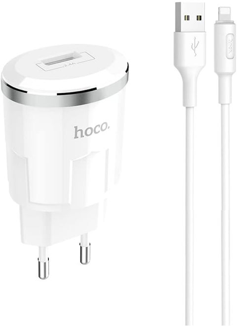 Hoco C37A - Thunder Power Single Port Charger, Set With USB-A To Lightning Cable (2.4A - 5V - 1M) Compatible with iPhone - White