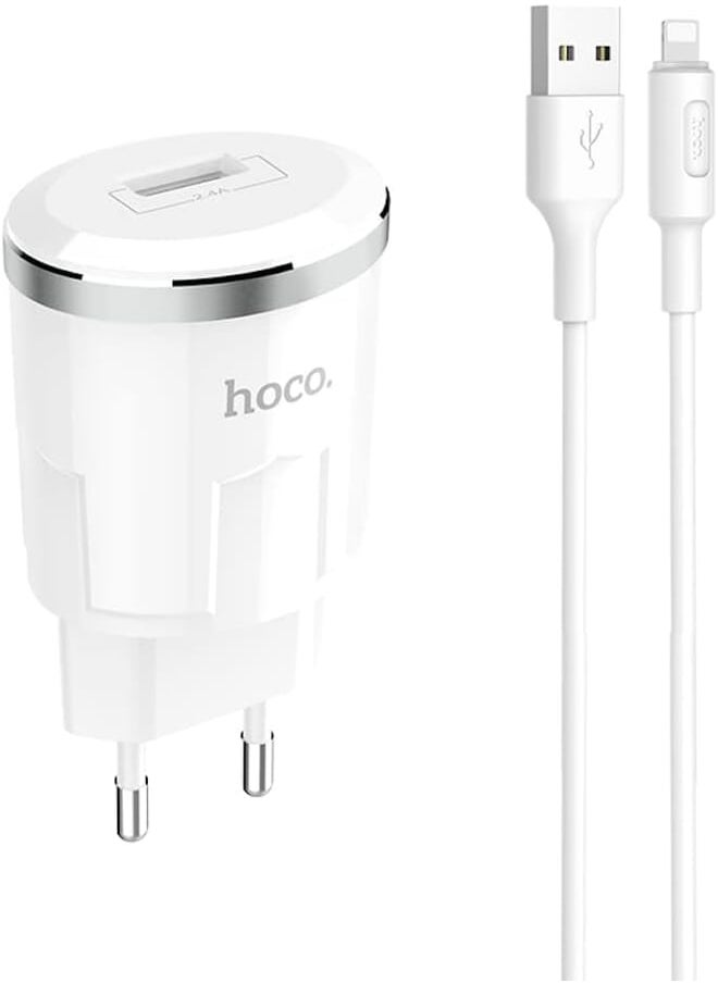 Hoco - Hoco C37A - Thunder Power Single Port Charger, Set With USB-A To Lightning Cable (2.4A - 5V - 1M) Compatible with iPhone - White - Image 1