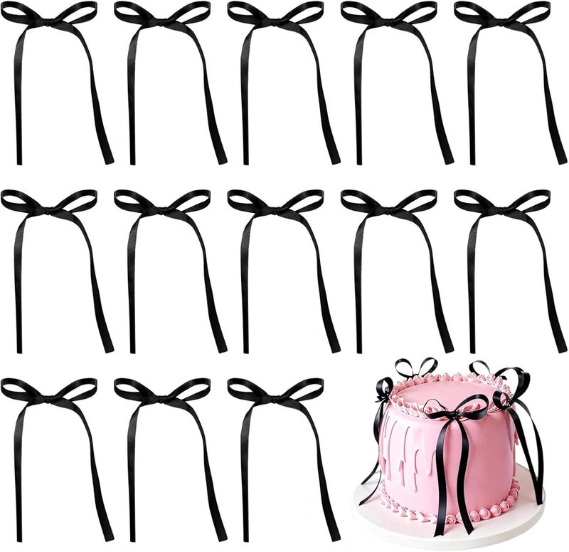 80 Pcs Party Decorations: 3.1 X 5.9 in Bow Cake Toppers, Black Satin Bows, Handmade, for Birthdays and Weddings - Image 1