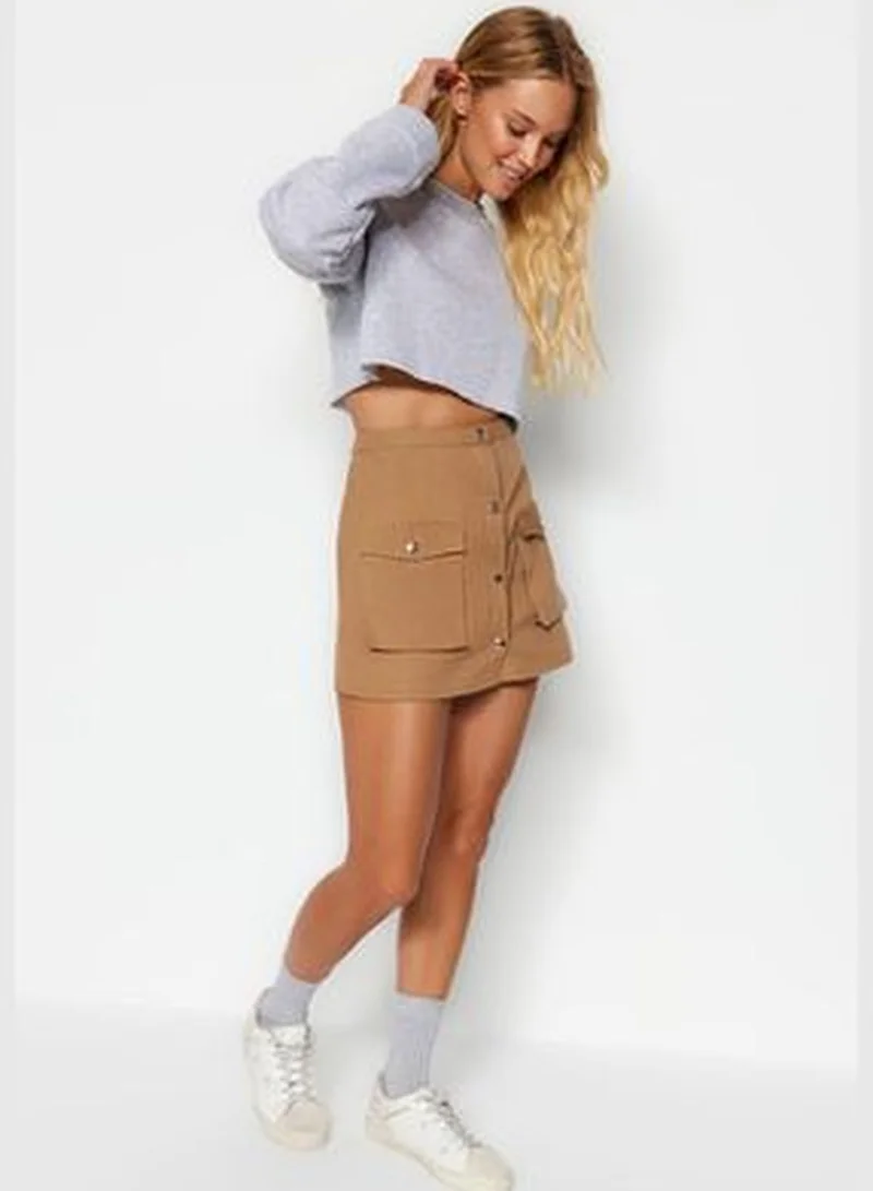 trendyol Camel Short Skirt with Pockets and Buttons TWOAW24SR00004