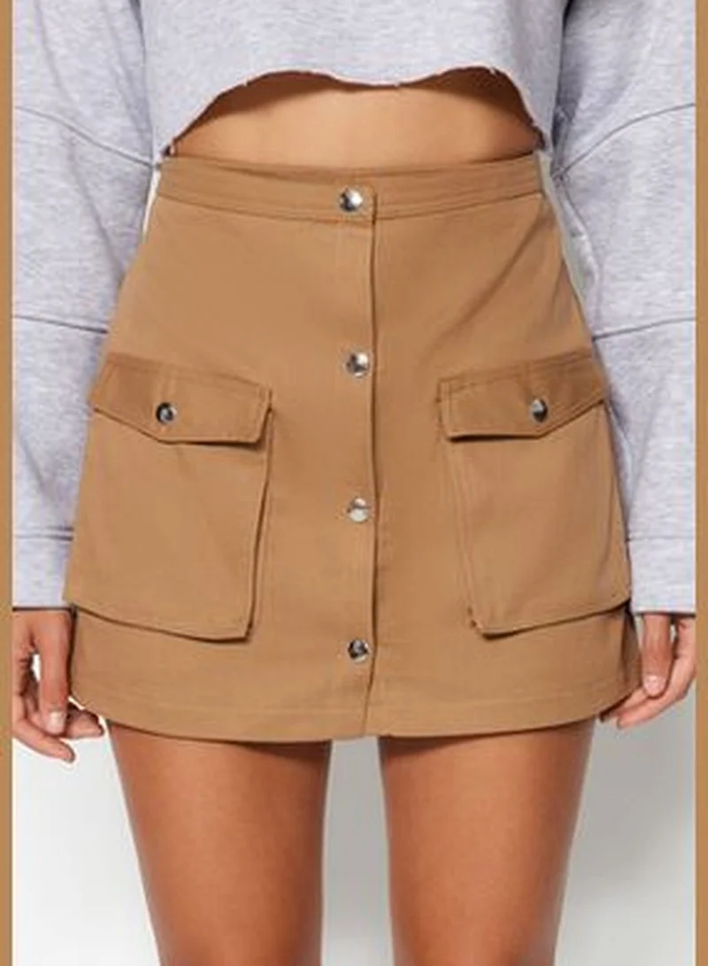 trendyol Camel Short Skirt with Pockets and Buttons TWOAW24SR00004