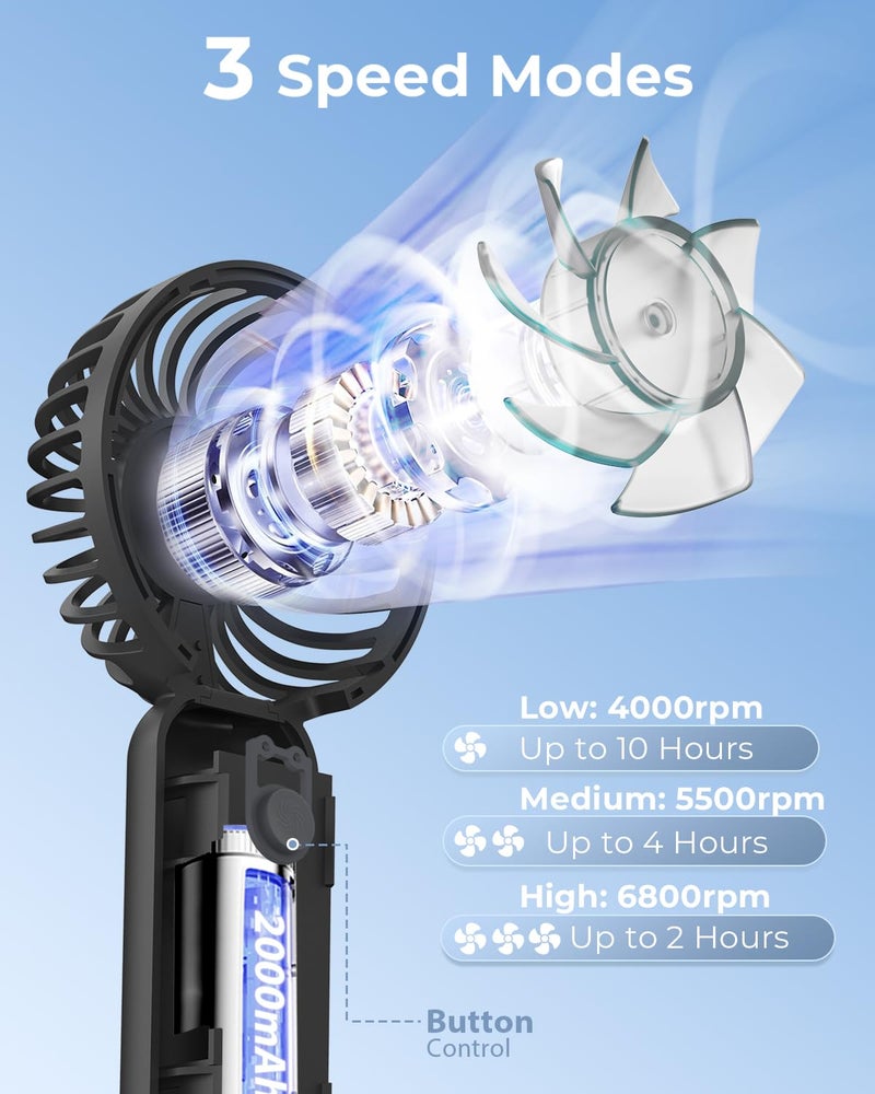 ARCTICOOL Portable Mini Fan - Rechargeable Hand Fan with 3 Adjustable Speeds, 2000mAh Battery, Lightweight Design, Low Noise, and Easy Portability for Indoor and Outdoor Use (Deep Black) - Image 2