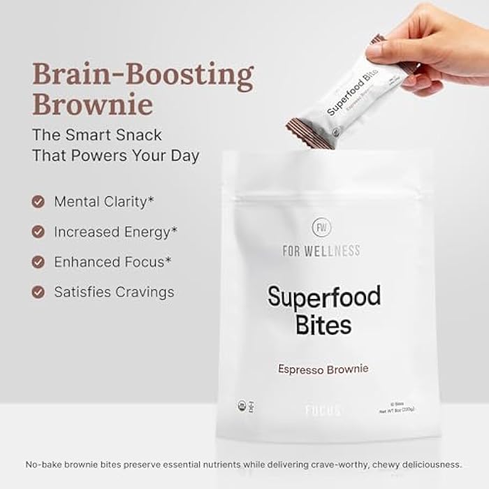 For Wellness Superfood Bites Focus | Healthy Snacks for Adults and Kids | Organic, Healthy Snack with Nootropics for Energy and Brain Food | Cocoa Espresso Brownie Bites, 10 Count - Image 3