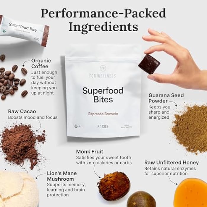For Wellness Superfood Bites Focus | Healthy Snacks for Adults and Kids | Organic, Healthy Snack with Nootropics for Energy and Brain Food | Cocoa Espresso Brownie Bites, 10 Count - Image 5