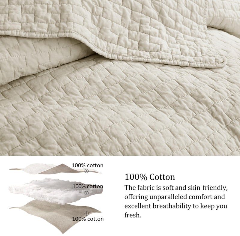 palassio Beige 100% Cotton Quilt Queen Size Bedding Sets with 2 Pillow Shams, Textured Lightweight Soft Bedspread Shabby Chic Coverlet, Neutral Quilted Comforter Bed Cover for All Season, 3 Pieces - Image 5