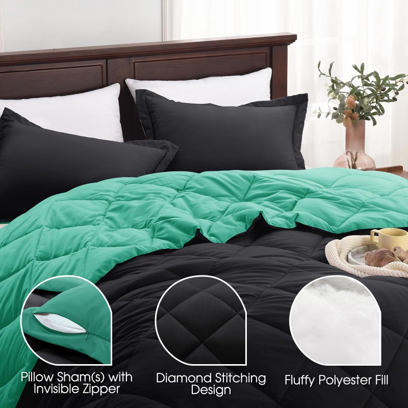 Basic Beyond Twin Comforter Set - Green Comforter Set Twin, Reversible Twin Bed Comforter Sets for All Seasons, Black/Mint Leaf, 1 Comforter (66"x92") and 1 Pillow Sham (20"x26"+2") - Image 4