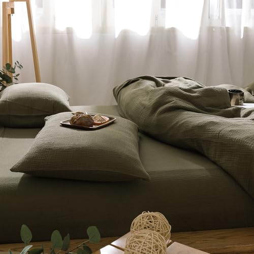 mixinni Olive Green Waffle Weave Duvet Cover Set King, 3-Piece 100% Natural Washed Cotton Triple-Layer Gauze Solid Bedding Set, Soft Breathable Minimalist Comforter Cover with Zipper & Ties-King - Image 3