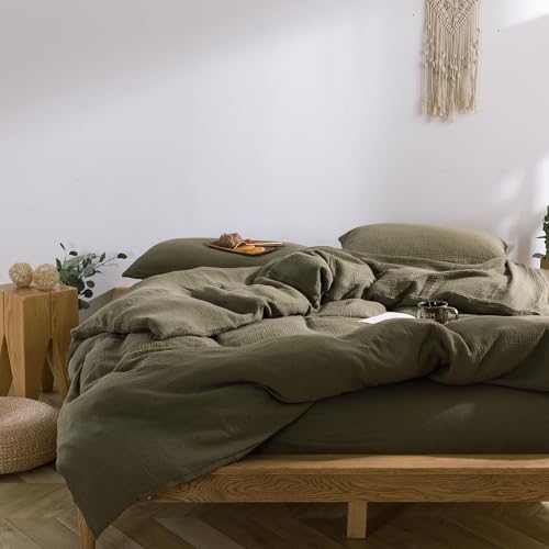 mixinni Olive Green Waffle Weave Duvet Cover Set King, 3-Piece 100% Natural Washed Cotton Triple-Layer Gauze Solid Bedding Set, Soft Breathable Minimalist Comforter Cover with Zipper & Ties-King - Image 2